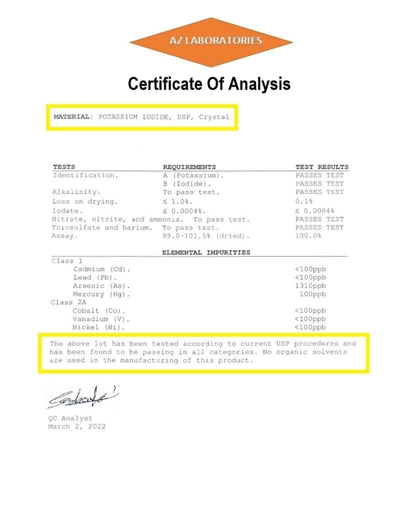 Iodida de potasio, ultra alta pureza USP Cristales de Grado/Powder, 100%, 100 Gramos/Same Day Ship