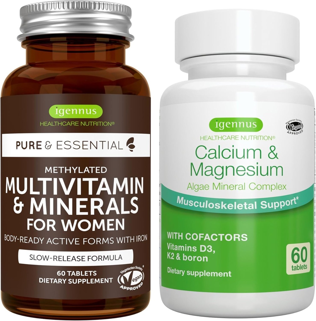 Multivitamina &amp; Minerals for Women + Calcio &amp; Magnesium Complex Vegan Bundle, Sustained Release Advanced Multivitamin + 2:1 Plant Based Algae Mineral Complex, by Igennus