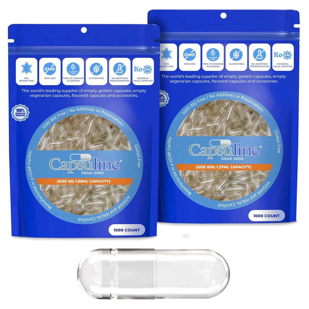 Capsuline Size 00 and Size 000 Gelatin Empty Capsules, 1000 Count Bundle, Empty Gel Pill Capsules, DIY Pure Bovine Pill Capsule Filling, Empty Caps, Kosher, Gluten Free and Non-GMO Certified, Clear