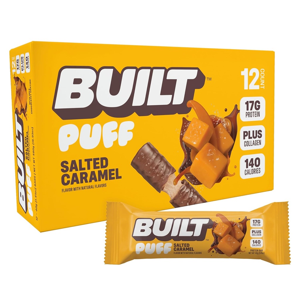 Bar, Puff Protein Bares, Salted Caramel Puff, 17g Protein Snacks, On-The-Go Bars, Sólo 140 Calories, 6g Sugar, Collagen, Gluten Free, 12 Conde
