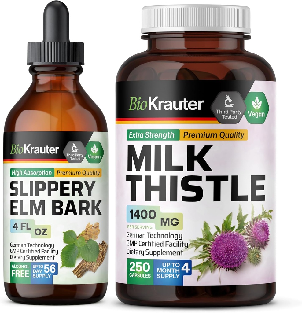 BIO KRAUTER Slippery Elm Tincture 4 Fl. Oz. " Milk Thistle 250 Capsules