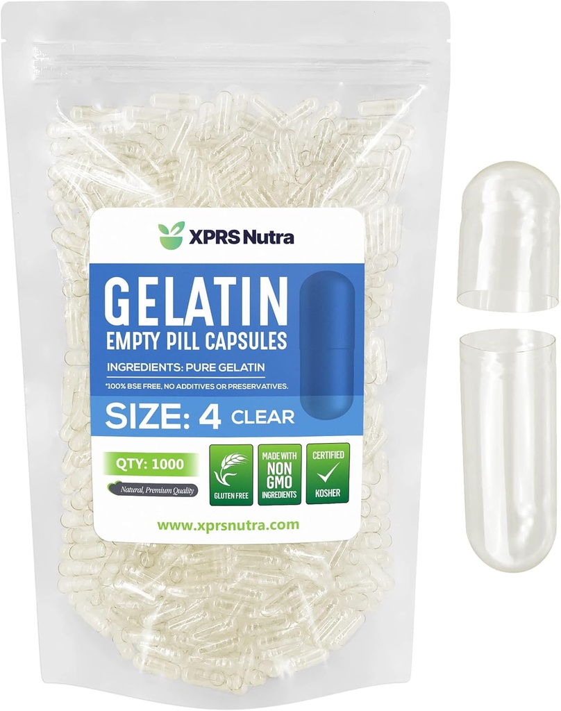 XPRS Nutra Size 4 Empty Capsules - 1000 Conde Pequeño Empty Gelatin Capsules - Pills DIY Capsule Filling - Fillable Pure Bovine Pill Gel Caps for Do-It-Yourself Suplementos