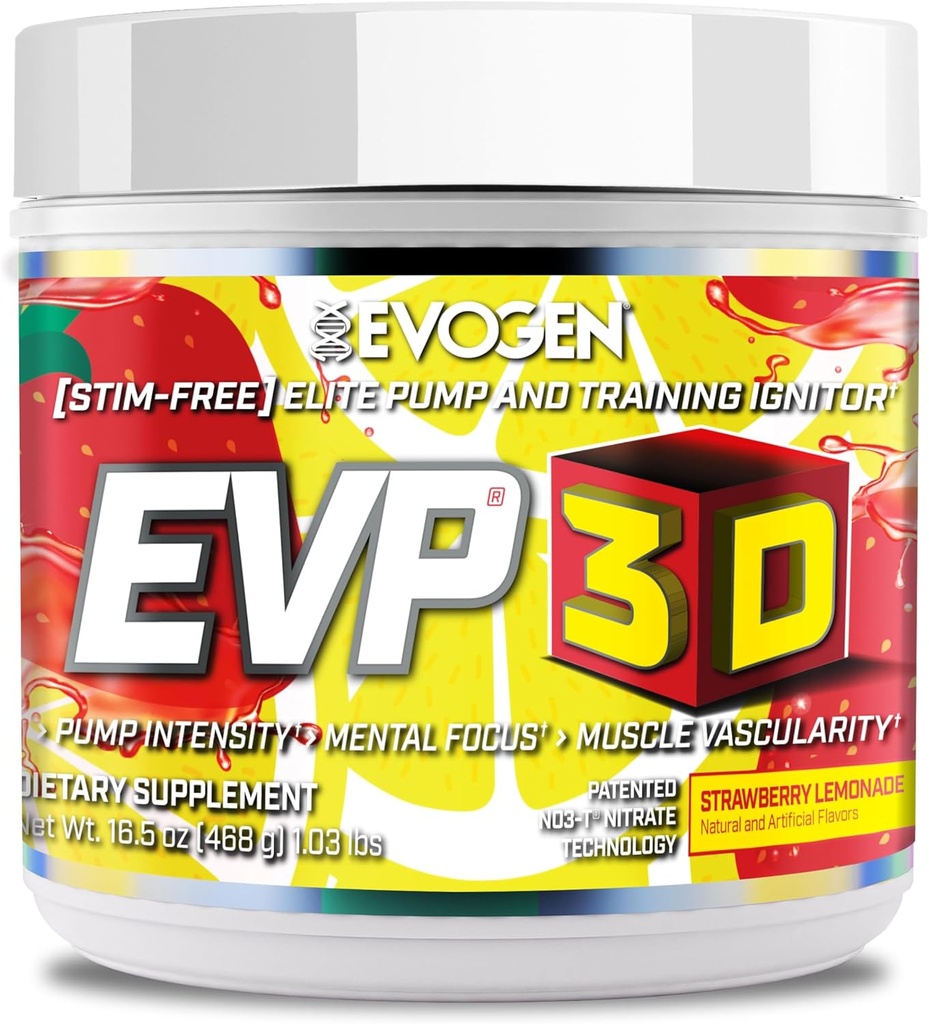 Evogen EVP 3D - Estim Free Pre Workout Powder para Hombres &amp; Mujeres ← Sugar Free Non Stim Preworkout with Beta Alanine and Creatine for Energy &amp; Pump ← Strawberry Lemonade ← 40 Servings