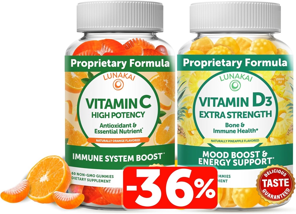 Lunakai Vitamina C y Vitamina D3 Gummies Bundle - 300 mg Orgánica, No GMO, Vegan Chewable Gummy - Inmunity, Bone y Mood Support Suplemento para adultos