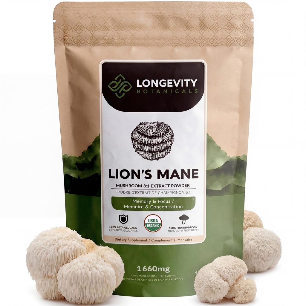 Orgánica León Mane Powder Mushroom Suplemento 100g ← Pure Fruiting Body 8:1 High Strength Extract ← 20% Beta-D Glucans latitud 13,280mg Raw Equivalent Por Serving  Focus, Memory, Gut, Nerve &amp; Brain Support
