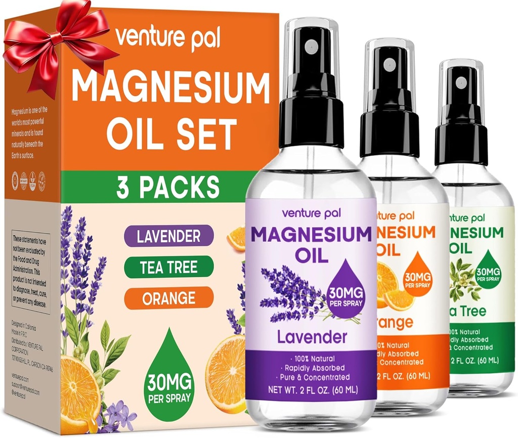 Venture Pal 3-Pack Topical Magnesium Oil Spray Set for Feet – Ideal Gift for Relaxation, Better Sleep, Muscle Relief for Legs & Joints, Healthy Hair & Skin. Fast Absorption, Non-Greasy