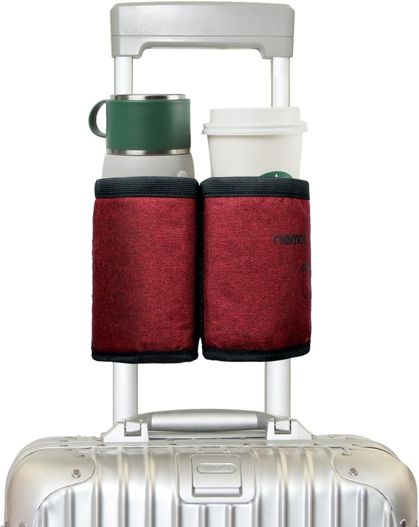 Riemot Luggage Travel Cup Holder Free Hand Drink Carrier - Hold Two Coffee Mugs - Fits Roll on Suitcase Handles - Gifts for Flight Attendants Travelers Accesorios Red
