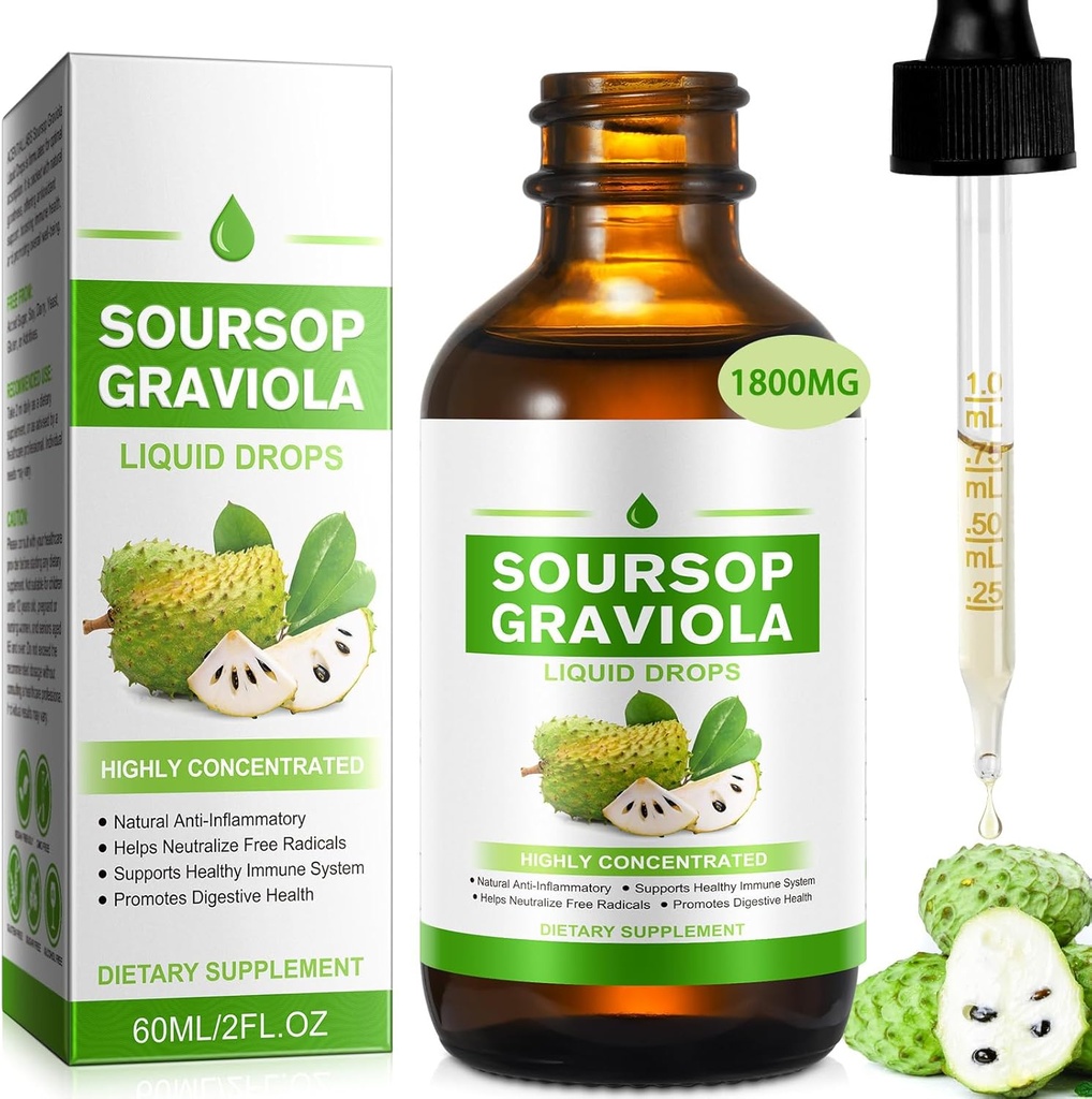 Soursop Graviola Liquid Drop Organic 1800 mg, Natural Soursop Bitters Liquid Leaf Extract for Cell Support,Good Living &amp; Offering Antioxidant Support, Herbal Goodness, Boosting Immune Health
