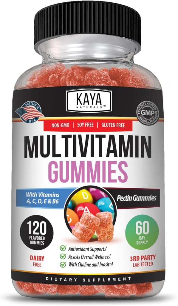 Kaya Naturals Adulto Multi Vitamin Gummy, 120 Conde, Biotina, Vitamina A, B-12, C &amp; E, Incluyendo zinc, ácido fólico, sabor a fresa (120 Gummies)