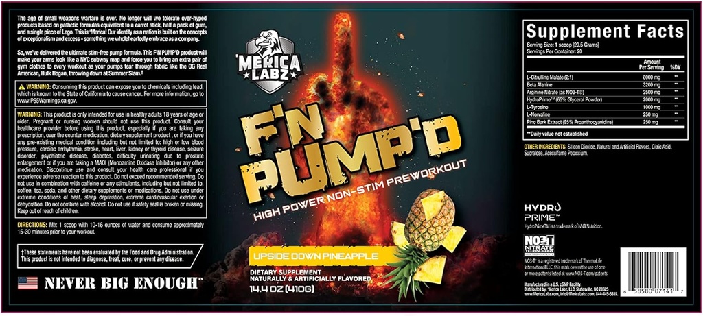 'Merica Labz F'N Pump'D Stimulant Free, Nitric Oxide,Fully Dosed, Pump PreWorkout Powder (20 Servings) (Upside Down Pineapple)