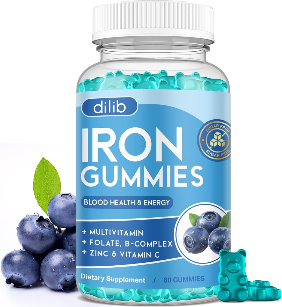 Mangas de hierro con multivitamina, suplemento de hierro para hombres con zinc, vitamina B Complejo " C, B12, Folate - Constructor de sangre " Apoyo energético para adultos " niños - Blueberry Flavor, Vegan 60 Gummies
