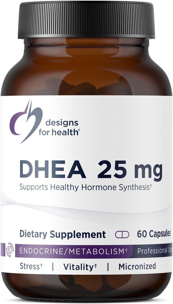 Diseños para la salud DHEA 25mg - DHEA Suplemento para Hombres + Mujeres - Suplemento para ayudar Apoyo al envejecimiento saludable, integridad muscular, energía + síntesis hormonal - No GMO (60 cápsulas)