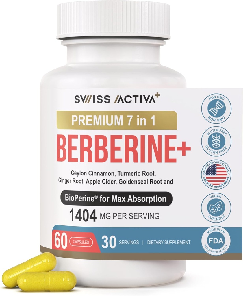 Swiss Activa+ Labs Organic 7-in-1 Berberine Supplement TEN 600mg HCl + Ceylon Cinnamon, Turmeric, Ginger, ACV, Goldenseal, BioPerine TEN Metabólica, Heart &amp; Digestive Support TEN Vegan, Non-GMO 30 Day Supply