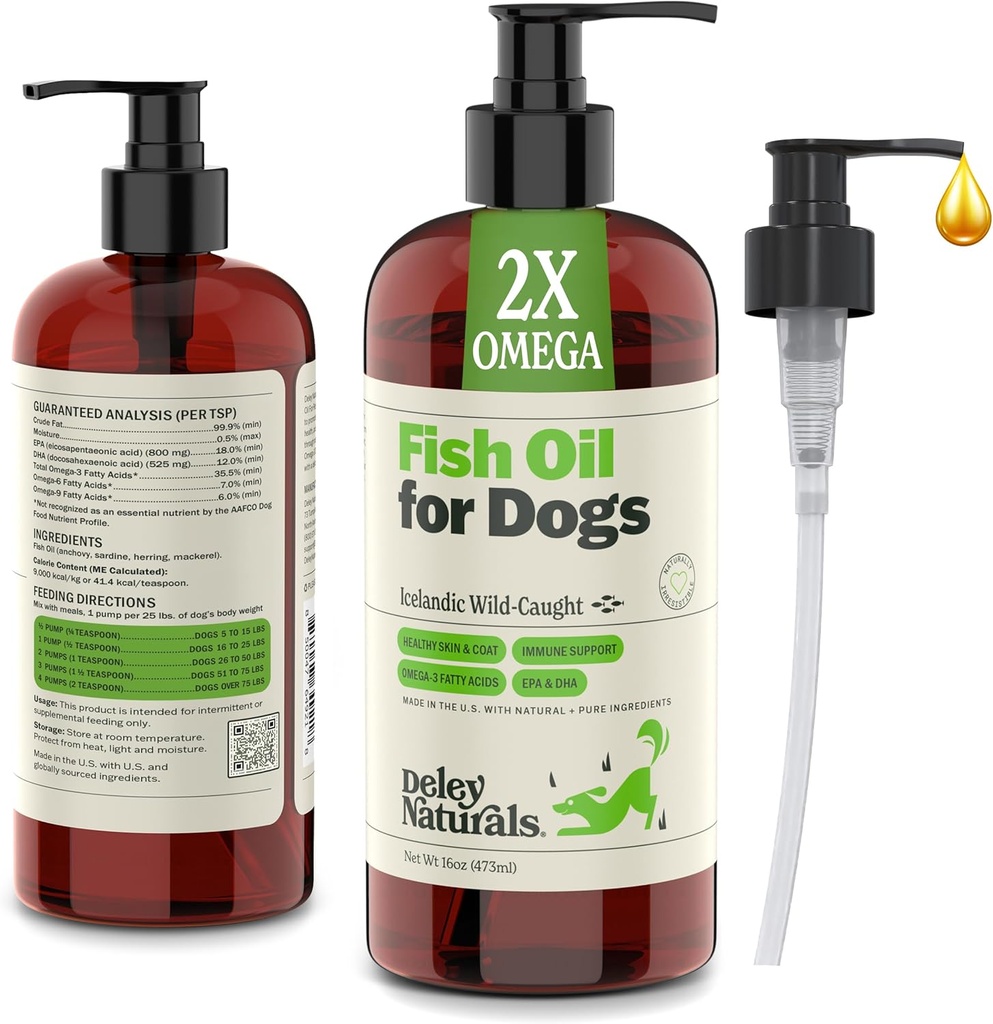 Deley Naturals Dog Fish Oil Islandiaic 2X Omega - Dog Itching Skin Relief with Omega 3 6 9 for Alergies, Coat & Heart - Omega 3 Fish Oil for Dogs Skin Irritation - 16oz Omega Oil for Dogs Made in USA