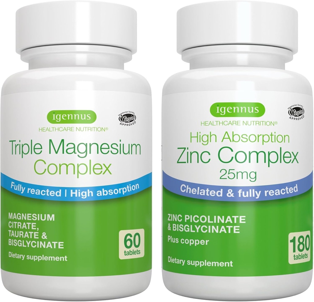 Complejo de Magnesio Triple + Complejo de Zinc Bundle Vegan, Alta Absorción Magnesio Chelated + 25 mg Zinc Picolinate Chelated & Bisglycinate with Copper, por Igennus