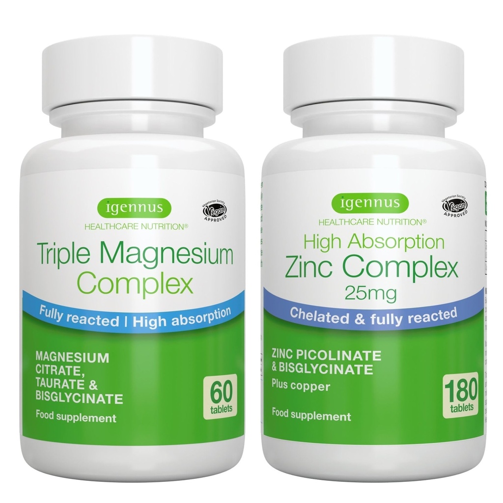 Triple Magnesium Complex + Zinc Complex Vegan Bundle, High Absorption Chelated Magnesium + 25mg Chelated Zinc Picolinate & Bisglycinate with Copper, by Igennus
