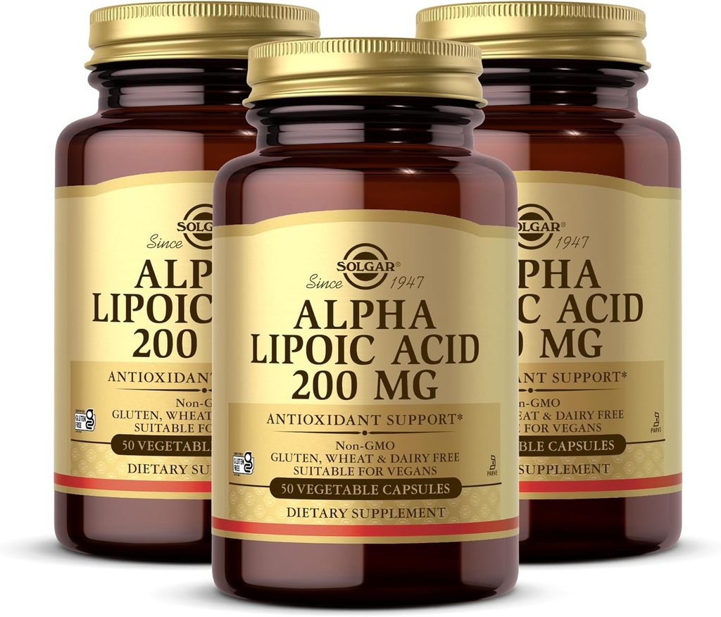 Solgar Alpha Lipoic Acid 200 mg, 50 cápsulas vegetales (Pack of 3) - Antioxidant Support - Ayudas a reciclar Glutathione, Vitamina C &amp; E, CoQ-10 - Non-GMO, Vegan, Gluten Free, Dairy Free, Kosher - 150 Total Servings
