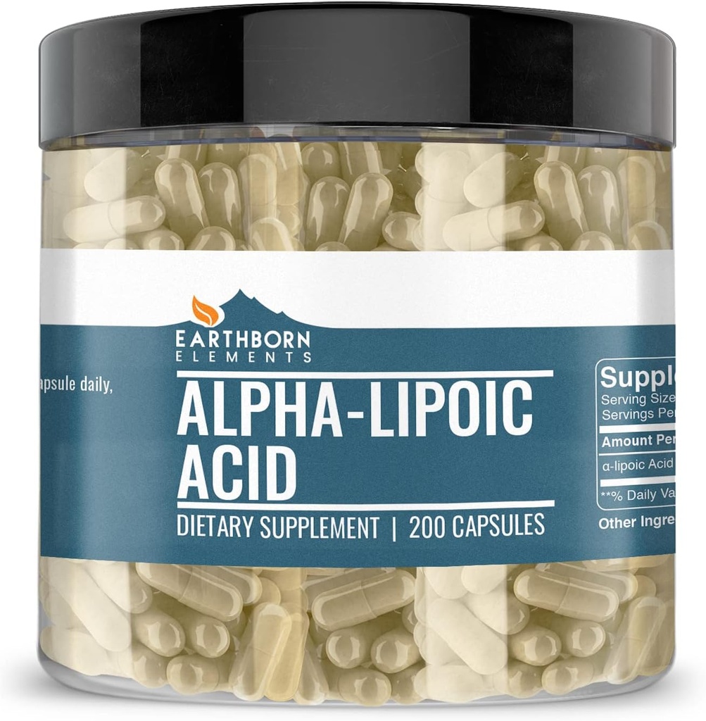 Elementos terrestres Ácido Alfa-Lipoico 200 cápsulas, Puro " Undiluido, No Aditivos