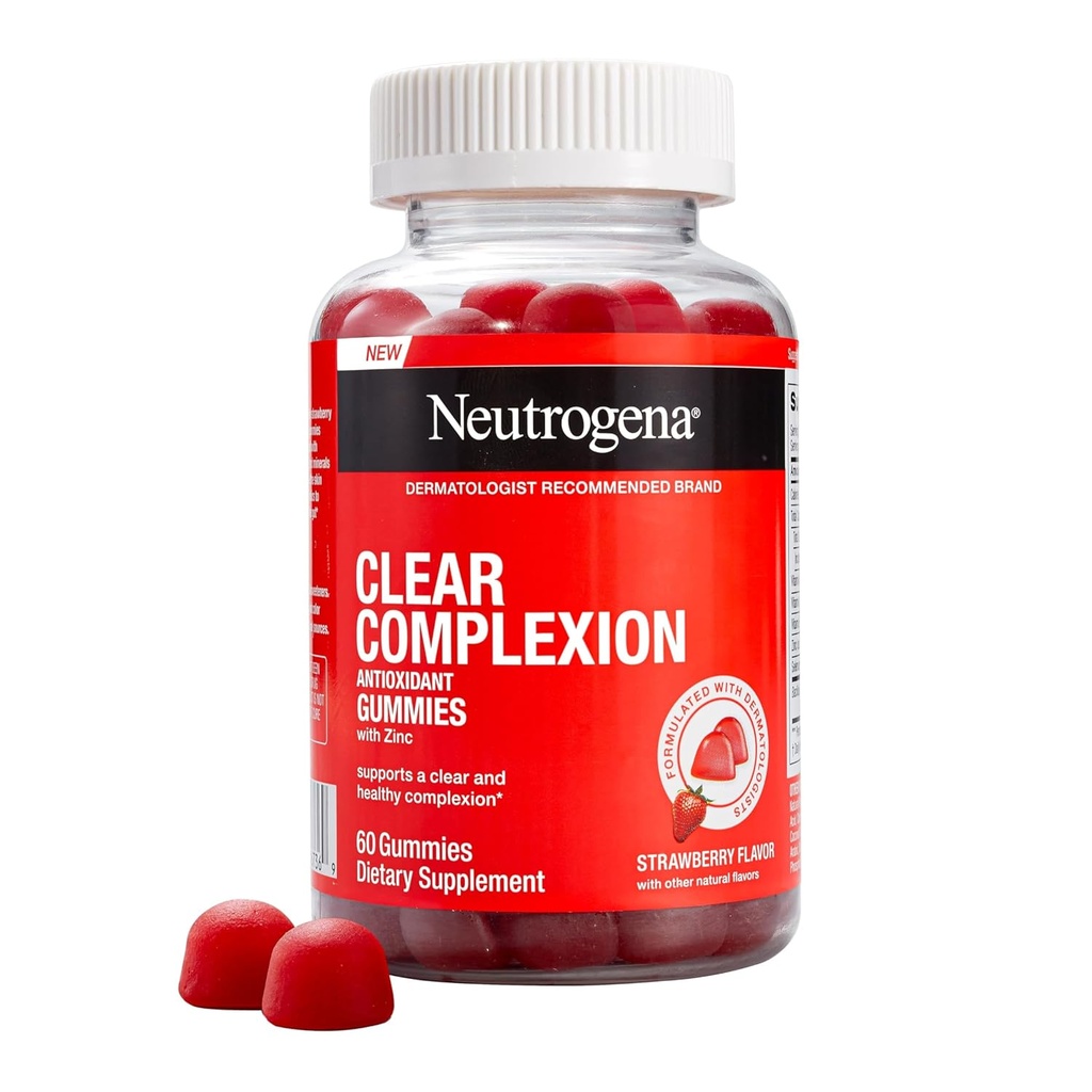 Neutrogena Complejo Limpio Gummies antioxidantes con zinc, suplemento diario de cuidado de la piel con vitamina A, C &amp; E para piel clara, saludable + Probióticos, sabor a fresa, 60 ct