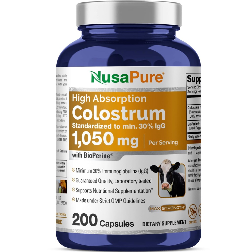 NusaPure Colostrum 1050mg 30% IgG 200 cápsulas (no-GMO, libre de soja) Bioperina