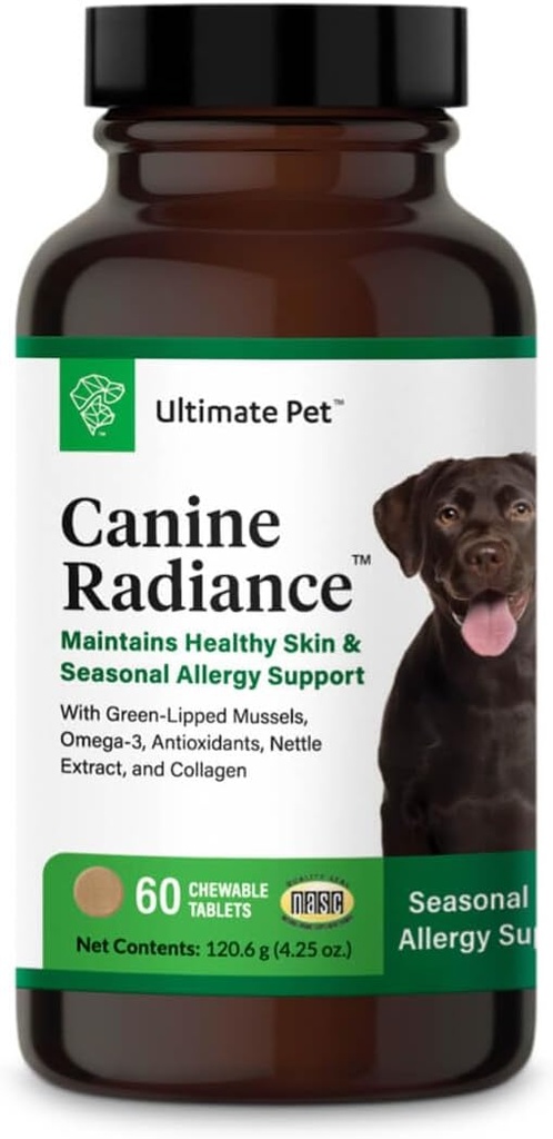 ULTIMATE PET NUTRITION Canine Radiance Skin Allergy Support Supplement for Dogs, Omega-3 Skin Hydration, Antioxidants to Prevent Itching and Strengthening Coat, 60 Chewable Tablets