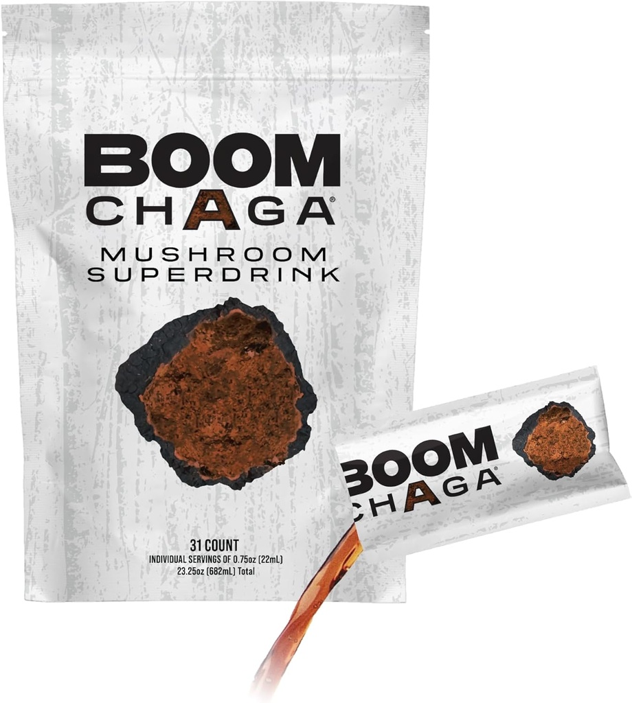 Mushroom Superdrink, Chaga Mushroom Extract Liquid Concentrate with Antioxidants for Anti-Inflammation and Immunity Boost, Beta-Glucans for Heart Health, Oxalate-Free, 31 Single-Serving Packets