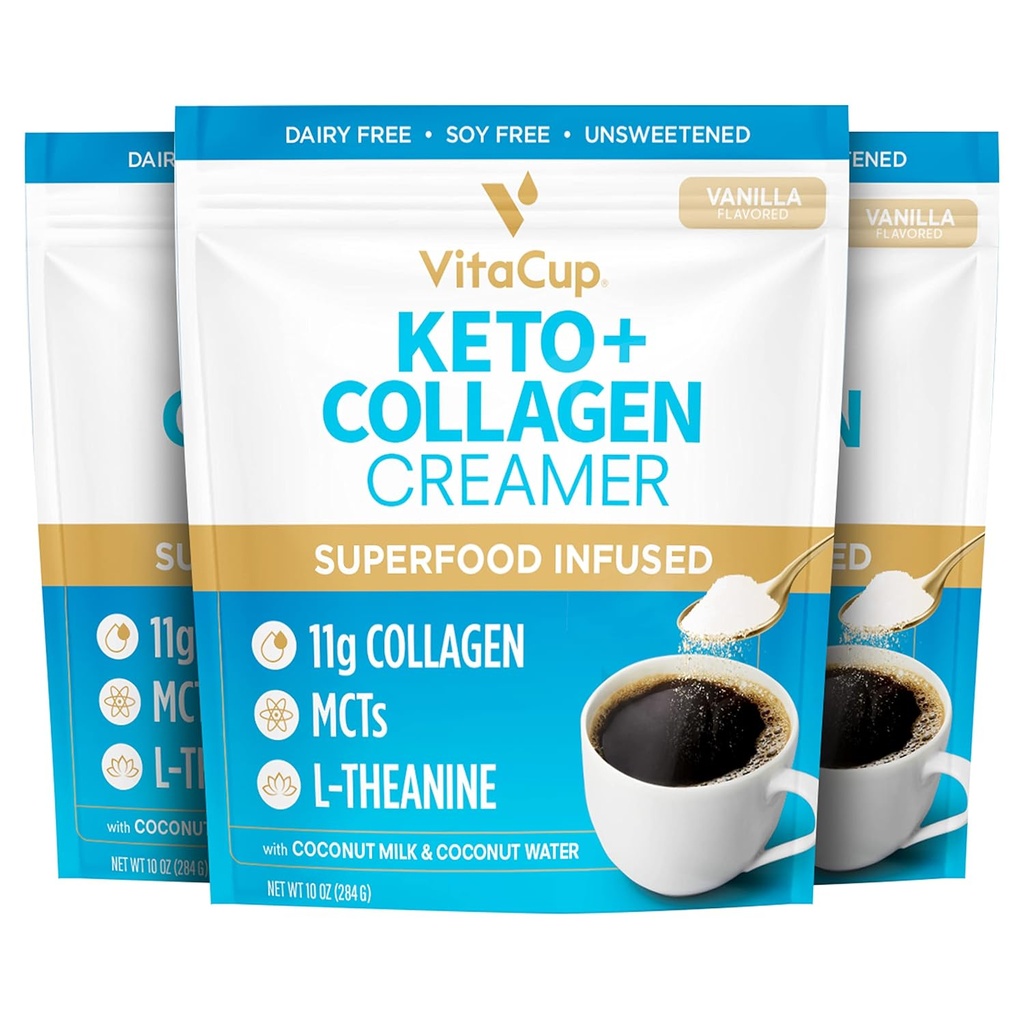 VitaCup Keto + Collagen Coffee Creamer Vanilla Flavor w/MCT, Collagen Protein, Coconut Water, L-Theanine for Keto Diet, Coffee, Smoothies, " Shakes, sin lácteos, libre de gluten, libre de soja, 3 bolsas,10oz cada una