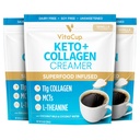 VitaCup Keto + Collagen Coffee Creamer Vanilla Flavor w/MCT, Collagen Protein, Coconut Water, L-Theanine for Keto Diet, Coffee, Smoothies, " Shakes, sin lácteos, libre de gluten, libre de soja, 3 bolsas,10oz cada una