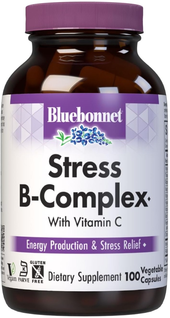 Bluebonnet Nutrition Stress Relief B Complex Vegetable Capsules, Vitamina B6, B12, Biotin, Folate, Vegan, Gluten &amp; Soy & Milk Gratis, Kosher, Unflavored, 100 Cuenta