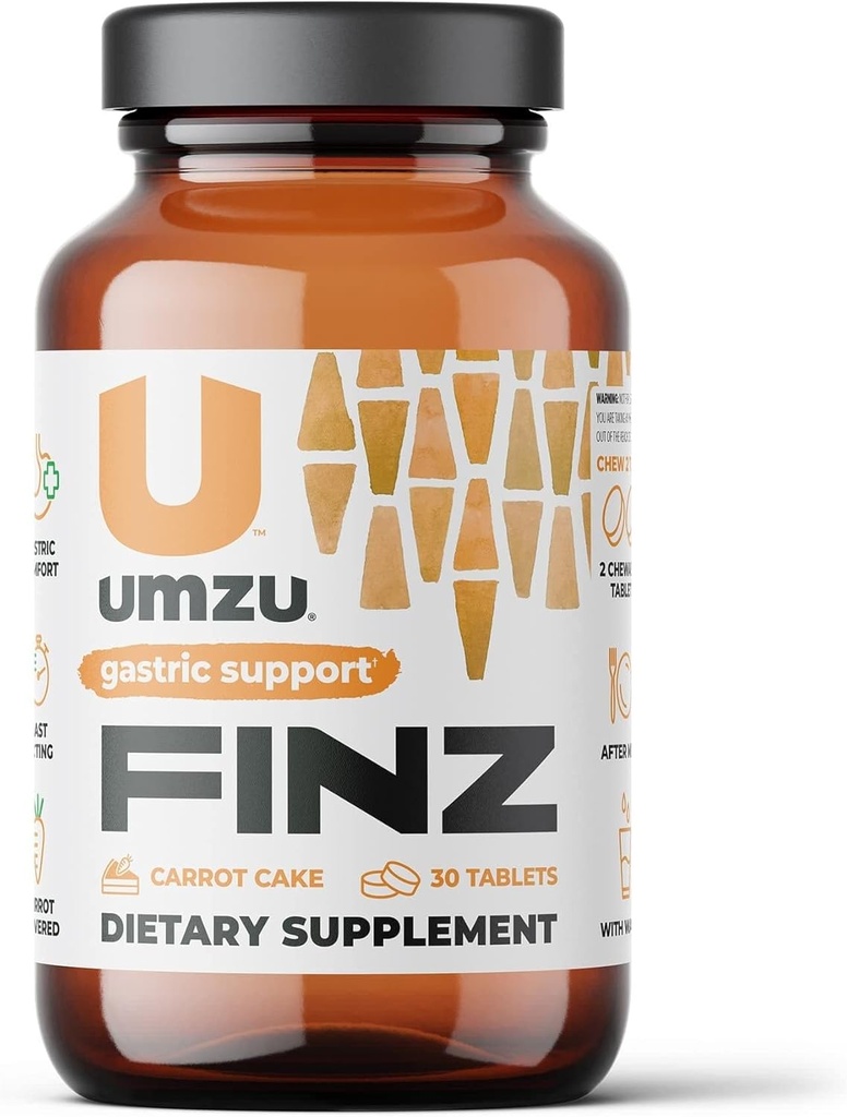 UMZU Finz Natural Gastric Comfort Suplemento ← Fast Acting Heartburn Relief with 3 Natural Ingredients Carrot Root, Calcium &amp; Sodium Alginate for Balanced pH (Carrot Cake Ø 20 Tablets)
