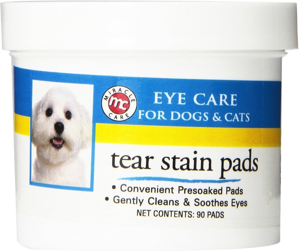 Miracle Care Tear Stain Pads, 90 Single Use Pre-Soaked Pads to Gently Clean and Soothe Dog and Cat Eyes, Non Stinging Formula to Improve Tear Stains and Remove Eye Debris