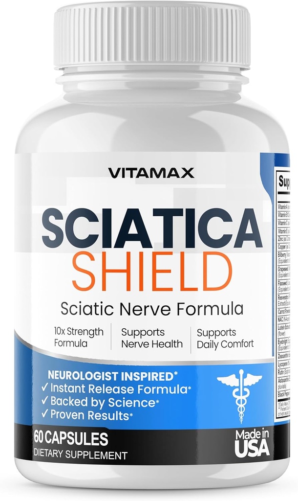 Sciatic Nerve Health Support Suplemento – 10x Fórmula Alpha Lipoic Acid Folic, Turmeric, Glucosamine, MSM, Complejo de Vitamina B - Hecho en EE.UU. – 60ct