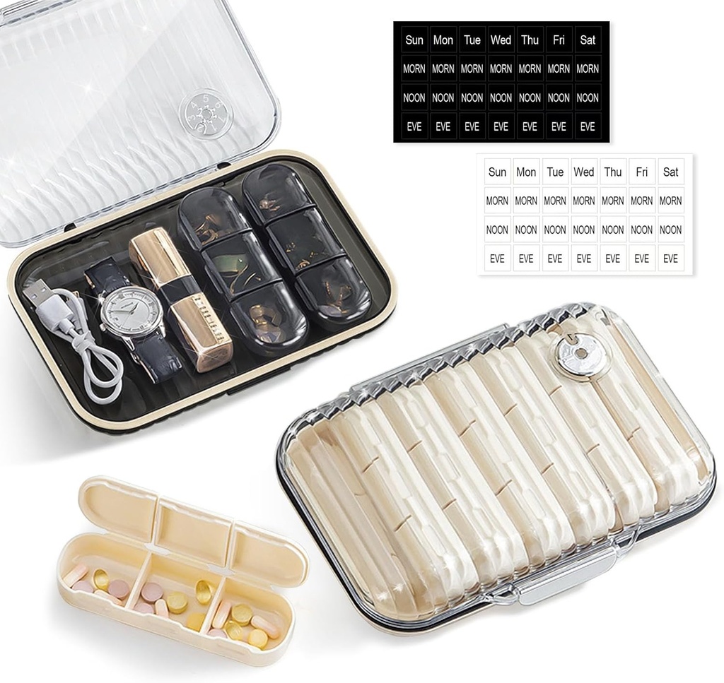 Organizador semanal de píldoras 3 veces al día, caja de carga de viaje portátil / caja de baño, gran contenedor de medicamentos, dispensador diario de caja de píldoras para suplemento de vitaminas, negro