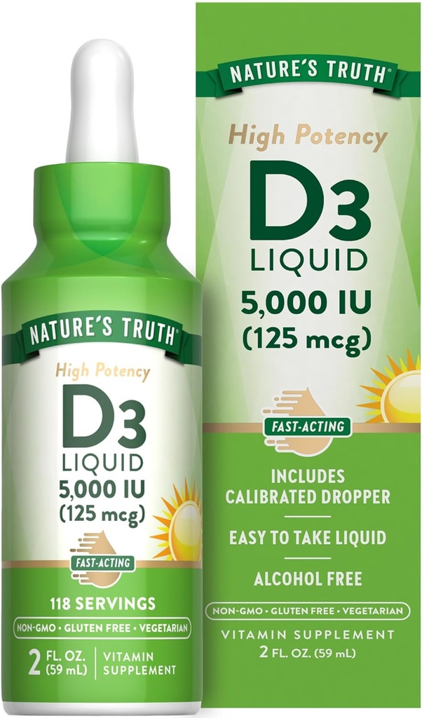 La verdad de la naturaleza Vitamina D3 Liquid TENIDO 5000 UI TENIDO 2 fl oz TENIDO Non-GMO y Gluten Free Supplement