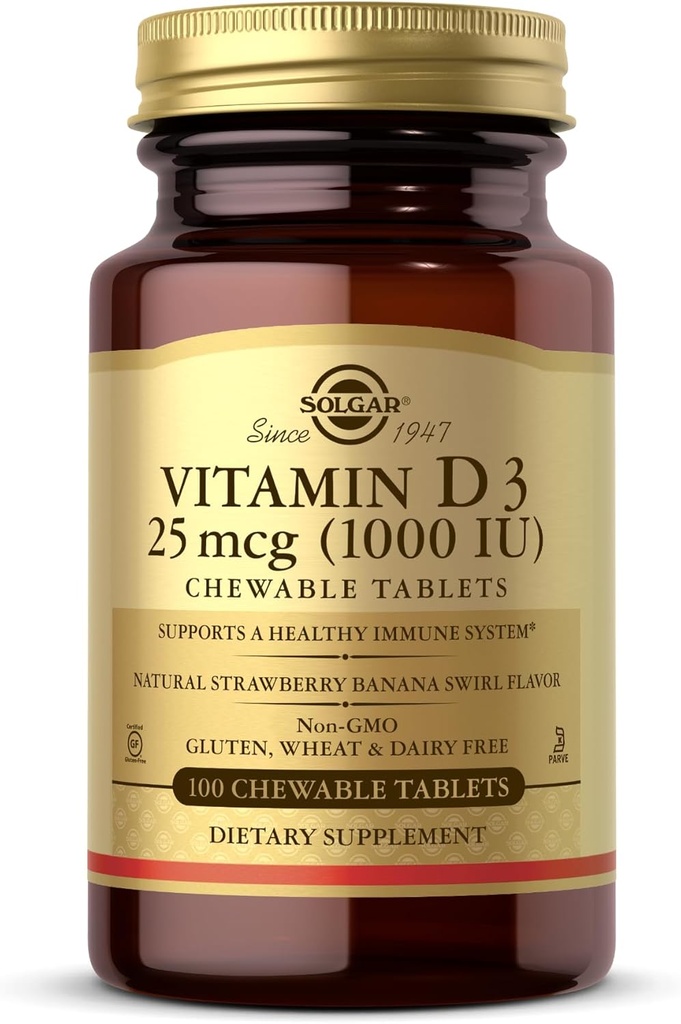 Solgar Vitamina D3 (Cholecalciferol) 25 mcg (1000 UI), Natural Strawberry Banana Swirl - 100 Chewable Tablets - Non-GMO, Kosher - 100 Servings