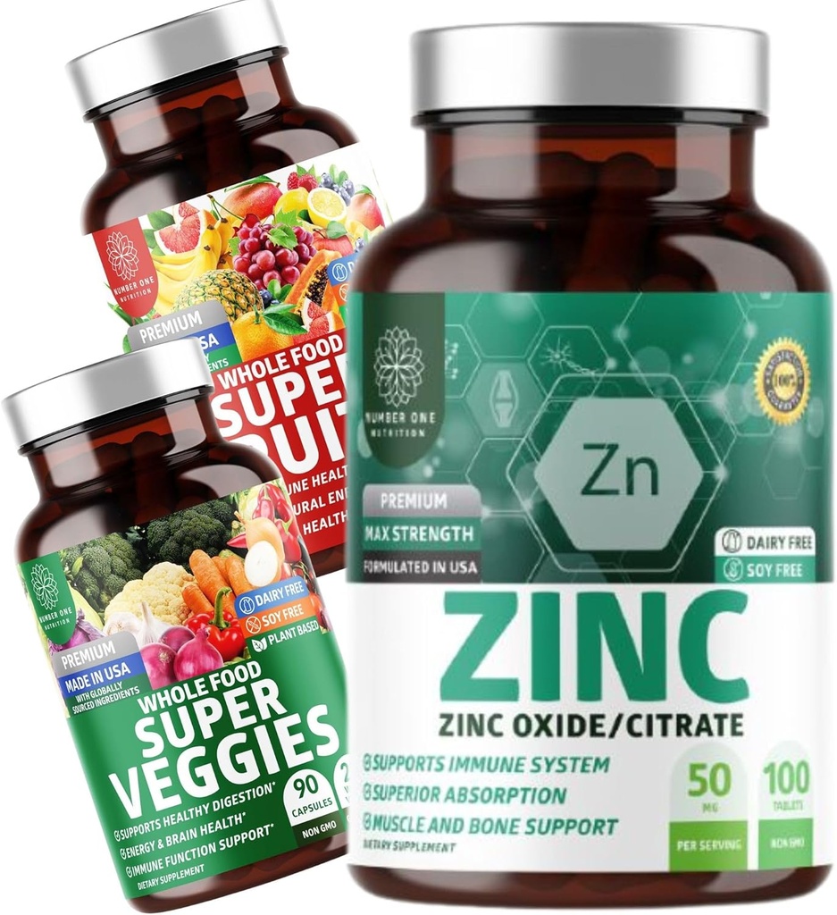 Número 1 Nutrición N1N Premium Super Fruits & Veggies Suplemento [40 Whole Foods, Aloe Vera, Vitamins] y Zinc 50mg [3X Absorción], 2 Pack Bundle