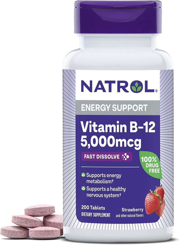 Vitamina Natrol B12 5.000 mcg, Vitamina de Disuelva Rápido B12 Suplemento Soporta un sistema nervioso saludable y metabolismo energético, 200 Tabletas, hasta 200 Day Supply