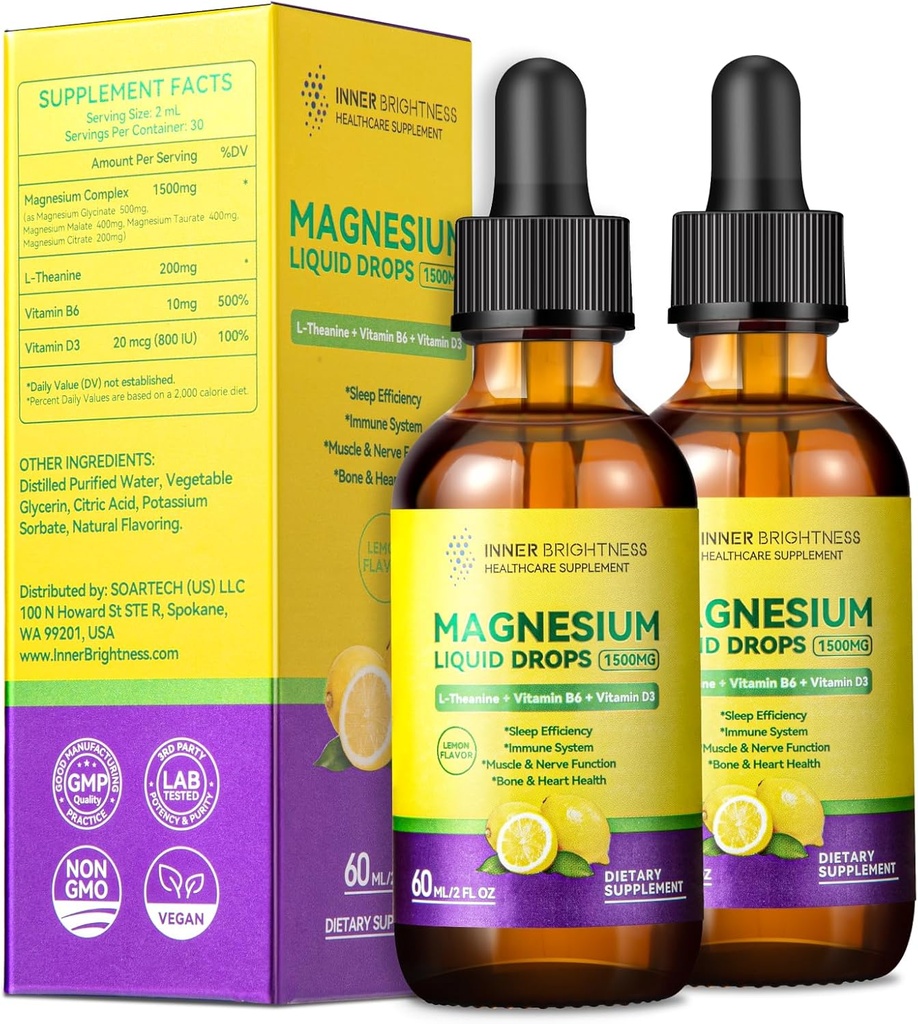 Magnesium Glycinate Liquid Drops 1500mg con Magnesium Citrate & Taurate, L-Theanine, Vitamina D3, B6 - Asistencias Calm, Sleep, Muscle Relaxation, Leg Cramps & Energy, Lemon Flavor, 60mL-2 Pack
