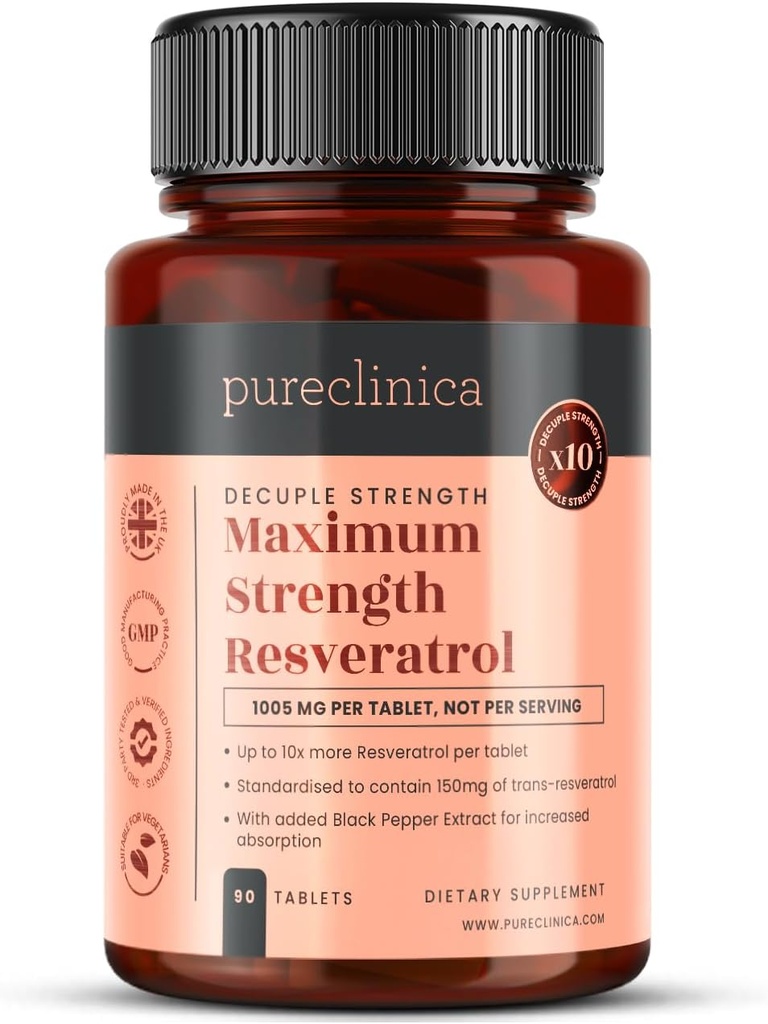 pureclinica 1000mg Resveratrol x 90 Tablets (3 meses de suministro). 10 x Fuerza con extracto de cobre negro para la absorción más rápida