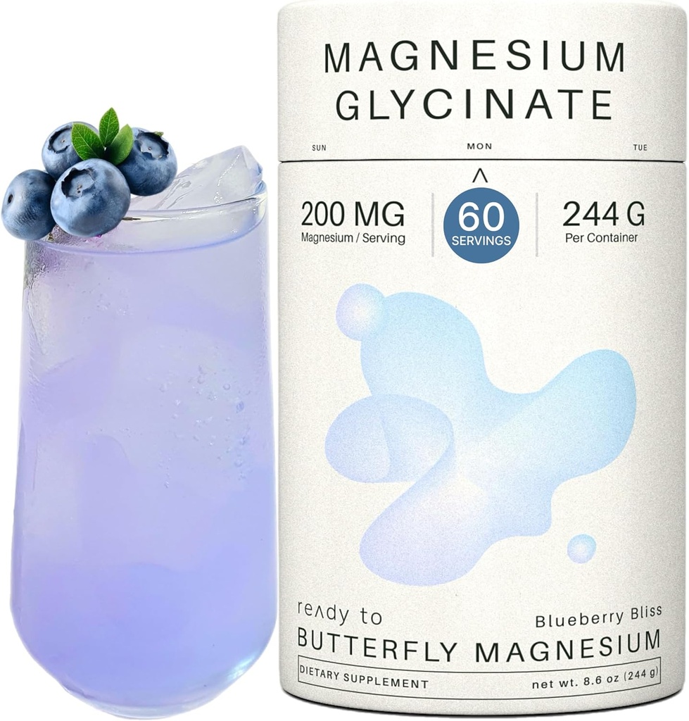 Magnesium Glycinate Powder 200mg ← Alta Absorción Chelated Bisglycinate with Organic Butterfly Pea Flower ← Apoya Stress Relief, Calm & Sleep TEN 8.6 oz, 60 Servings