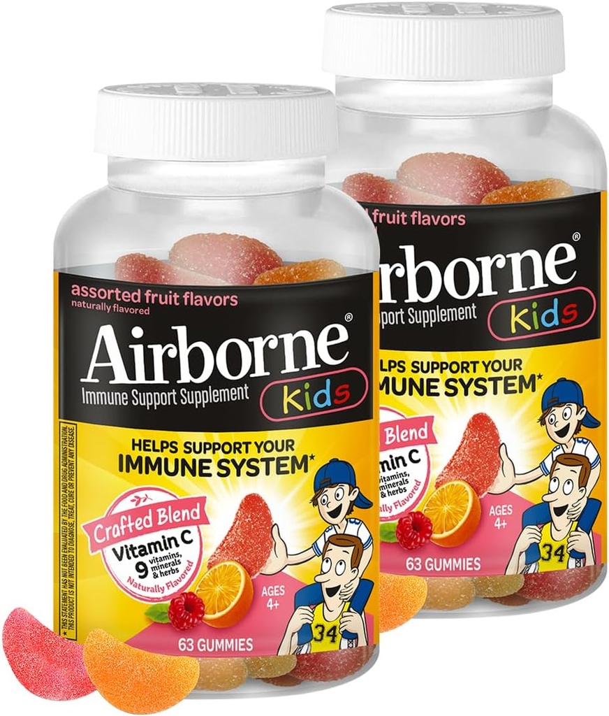 Airborne Kids 500mg Vitamin C Gummies, Kids Immune Support Zinc Gummies with Powerful Antioxidants VIT C &amp; E - 63 Gummies, Assorted Fruit Flavor (Pack of 2)