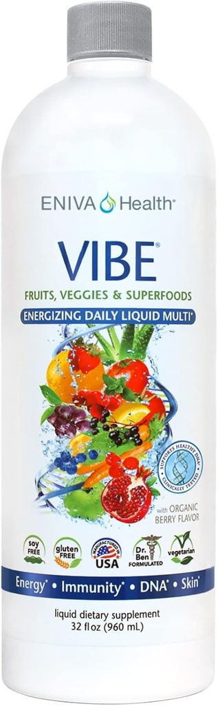 Eniva Health Vibe Liquid Multivitamins Suplementos Minerales con Vitaminas A, B12, C, D, E ' Amino Acids ← Fruits and Veggies Daily Supplement for Women ' Men ⋅ Doctor Formulated ← USA Made ← 32 oz