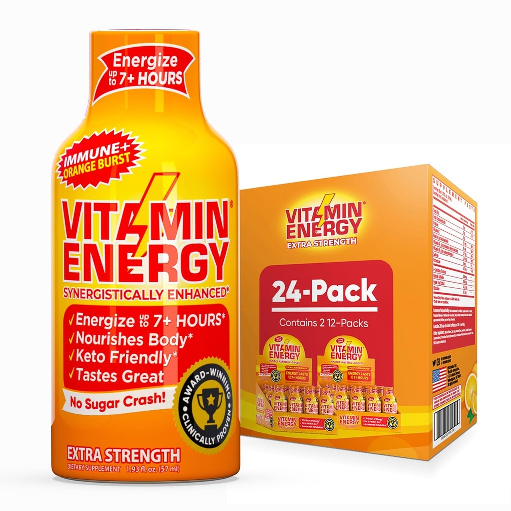 Vitamin Energy Immune+ Extra Strength Energy Shot Orange Burst 24 Pack, 260mg Natural Caffeine, B-Vitamins, Citicoline, Green Tea, Immunity & Focus Support Zero Sugar, Gluten-Free 1.93 fl oz