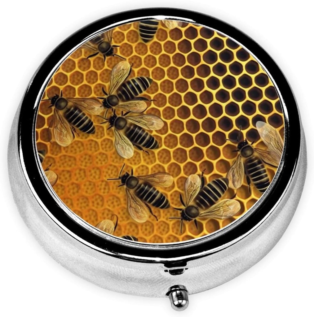 Abejas en la colmena Pill Box Metal Round Funda de pequeña pill Cute 3 Organizador de píldoras Portable Pillbox Mini Pill Container Holder for Daily Medicine Suplemento Vitamina