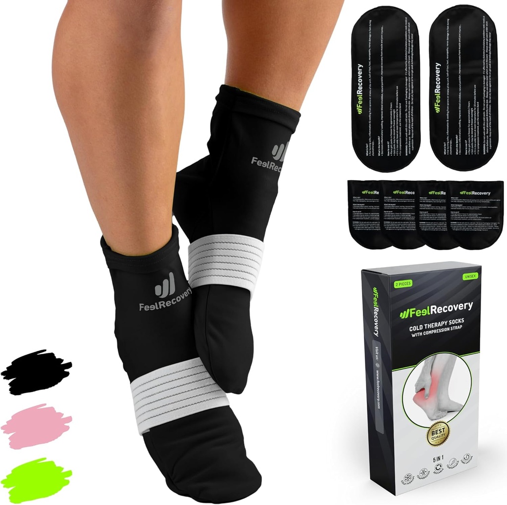 Calcetines para refrigeradores de pies - Reusable Calcetines calientes de terapia con pólvora w / Correas de compresión - Cold Gel Pack for Neuropathy, Foot Pain, Plantar Fasciitis & Sprains (Black, L/XL)