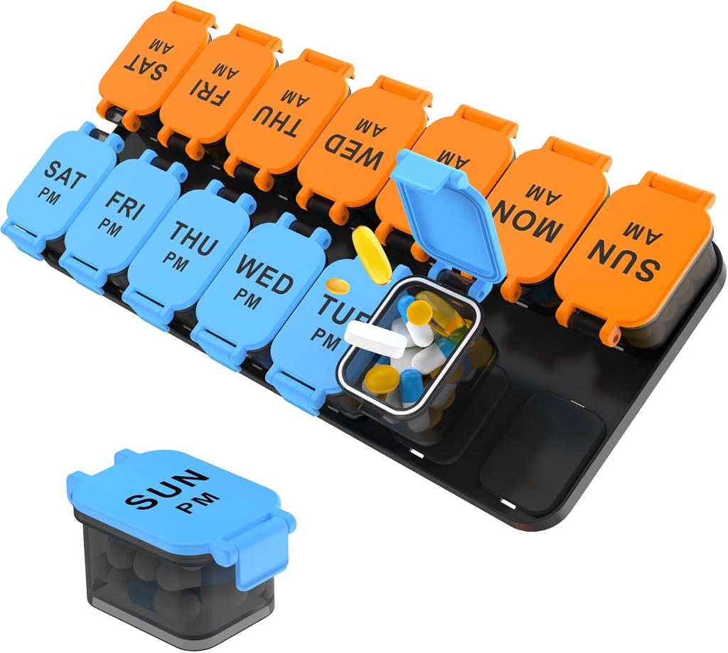 Gran organizador de píldoras de 7 días, XL AM PM Dos veces por día Caja de almacenamiento de medicamentos, Gran 2 semanas de pastillas para píldoras, vitaminas & suplementos, caja de carga de viaje para medicamentos (Blue+Orange)