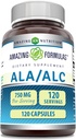 Fórmulas Asombrosas ALA/ALC (Alpha Lipoic Acid/Acetyl L-Carnitine) Suplemento Silencio 750 Mg Por Serving  Capsules ← Non-GMO TEN Gluten-Free TEN Made in USA (1 Pack, 120 Count)