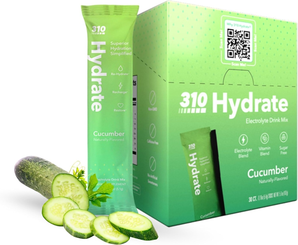 310 Nutrition Sugar Free Electrolytes Powder - Instant Hydration Packets for Daily Fluid Balance - Caffeine-Free Rehydration Drink Mix w/ Vitamins, Low Calorie & Keto Friendly - Cucumber 30 Singles