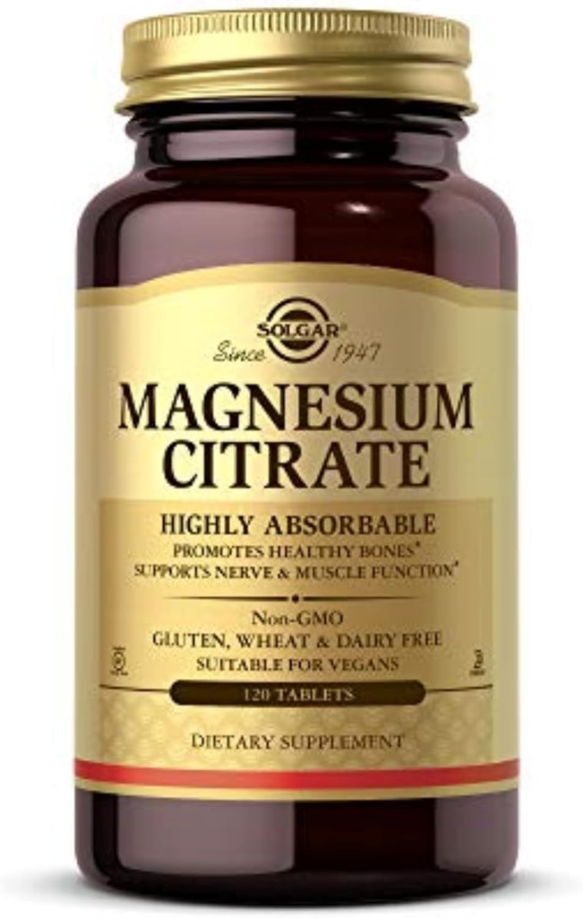 Citrate de Magnesio Solgar, 120 Tabletas - Promueve Huesos Saludables - Funcionalidad de Nerve &amp; Muscle - No GMO, Vegan, Gluten Gratis, Dairy Free, Kosher - 60 Servimientos, Embalaje estándar