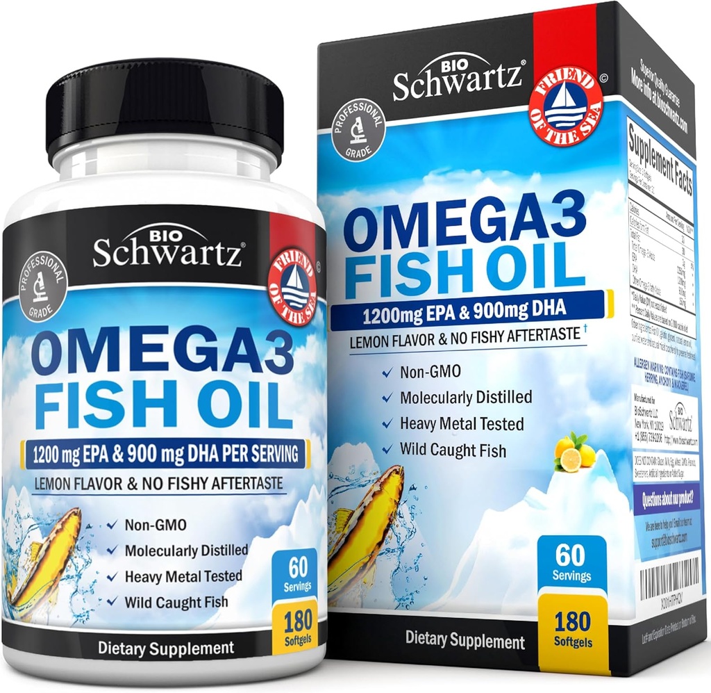 Triple fuerza Omega 3 Fish Oil Suplemento - 2250mg EPA DHA Omega 3 ácidos grasos de pescado fresco salvaje, Burpless Lemon Flavor Fórmula apoya la salud ocular y más, Gluten Free, 180 Softgels